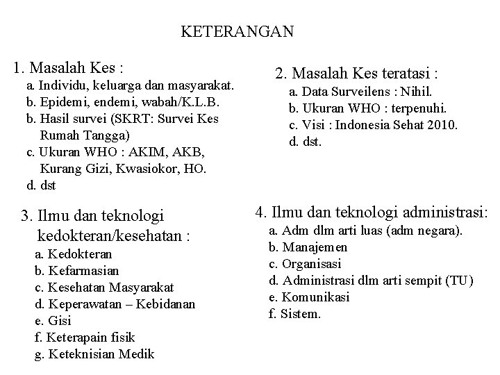 KETERANGAN 1. Masalah Kes : a. Individu, keluarga dan masyarakat. b. Epidemi, endemi, wabah/K. KETERANGAN 1. Masalah Kes : a. Individu, keluarga dan masyarakat. b. Epidemi, endemi, wabah/K.