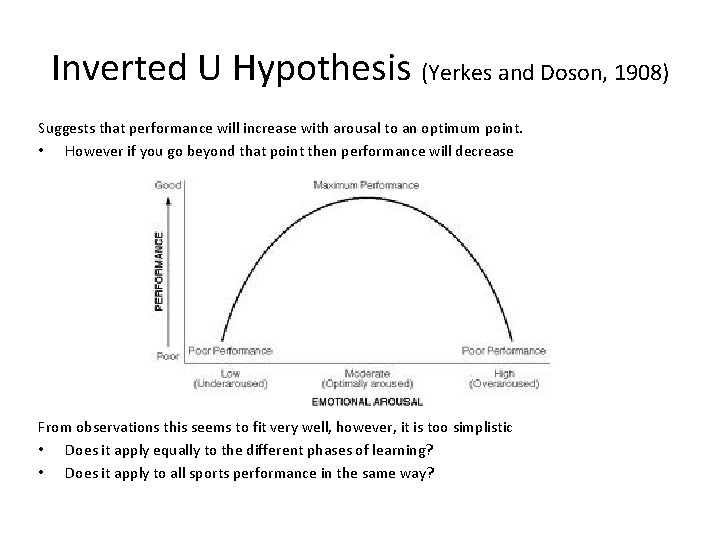 Inverted U Hypothesis (Yerkes and Doson, 1908) Suggests that performance will increase with arousal