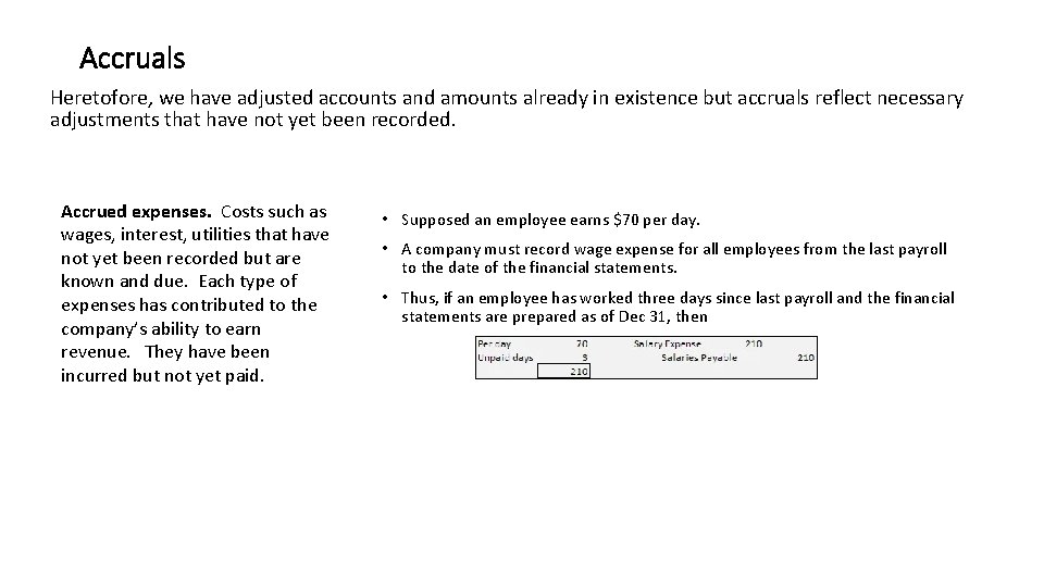 Accruals Heretofore, we have adjusted accounts and amounts already in existence but accruals reflect