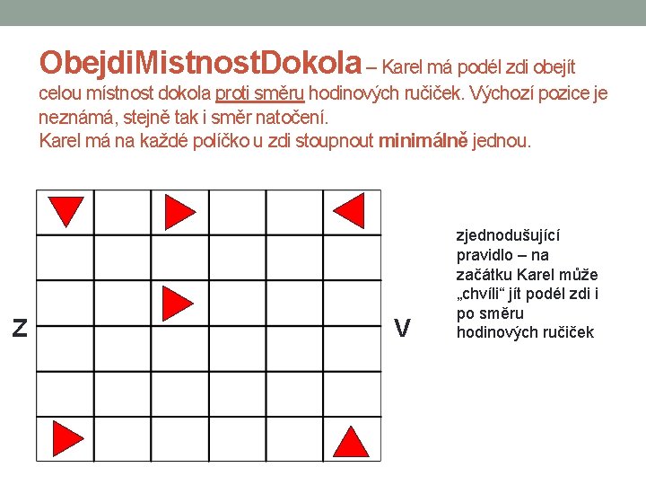 Obejdi. Mistnost. Dokola – Karel má podél zdi obejít celou místnost dokola proti směru