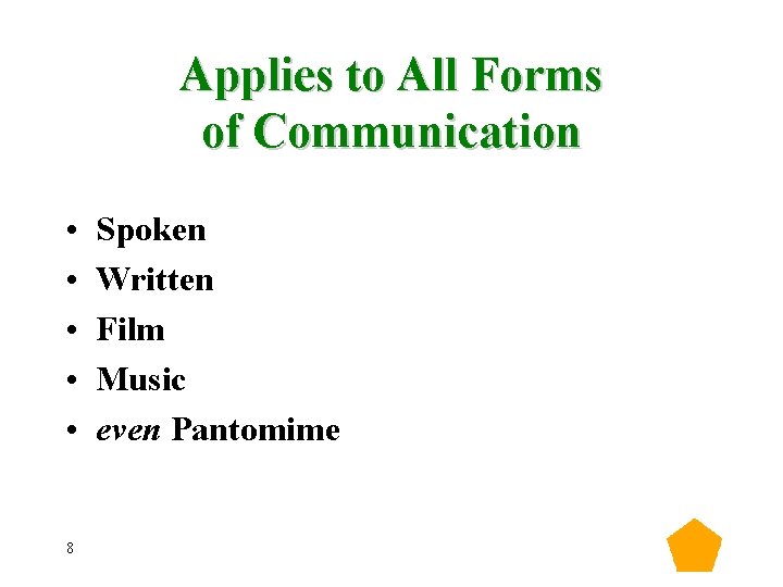 Applies to All Forms of Communication • • • 8 Spoken Written Film Music Applies to All Forms of Communication • • • 8 Spoken Written Film Music
