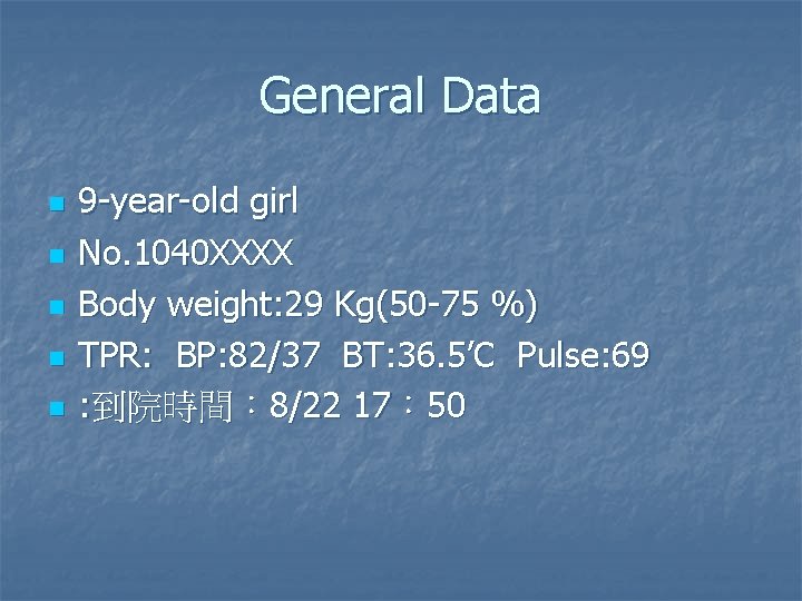 General Data n n n 9 -year-old girl No. 1040 XXXX Body weight: 29