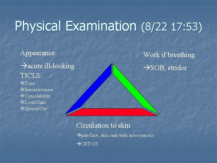 Physical Examination (8/22 17: 53) Appearance Work if breathing acute ill-looking TICLS: SOB, stridor