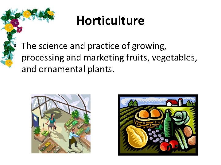 Horticulture • The science and practice of growing, processing and marketing fruits, vegetables, and
