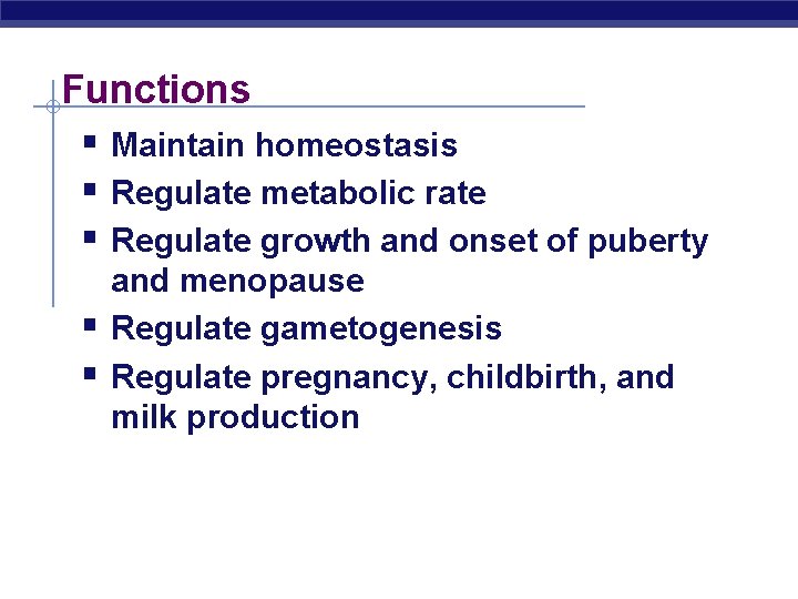 Functions § Maintain homeostasis § Regulate metabolic rate § Regulate growth and onset of