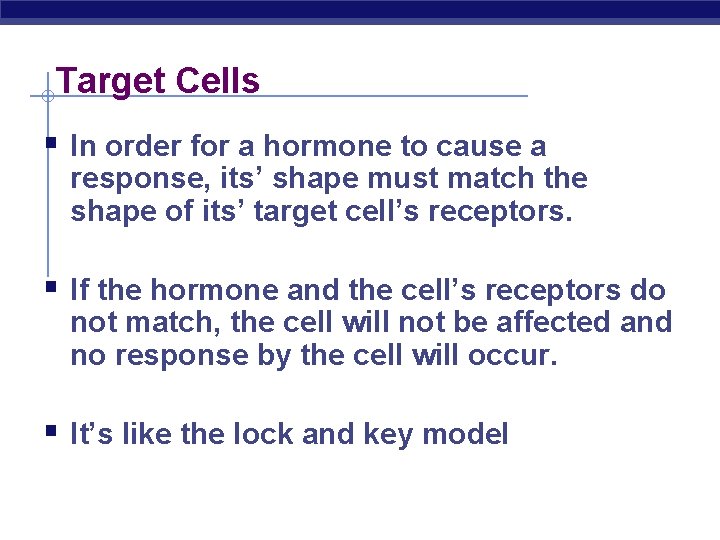 Target Cells § In order for a hormone to cause a response, its’ shape