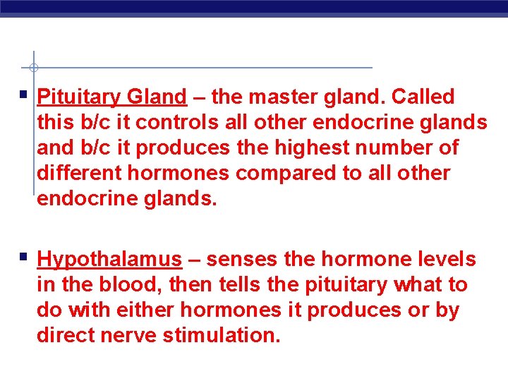 § Pituitary Gland – the master gland. Called this b/c it controls all other