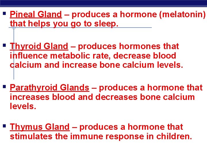 § Pineal Gland – produces a hormone (melatonin) that helps you go to sleep.