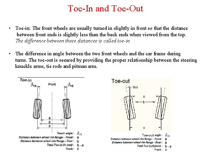 Toe-In and Toe-Out • Toe-in: The front wheels are usually turned in slightly in