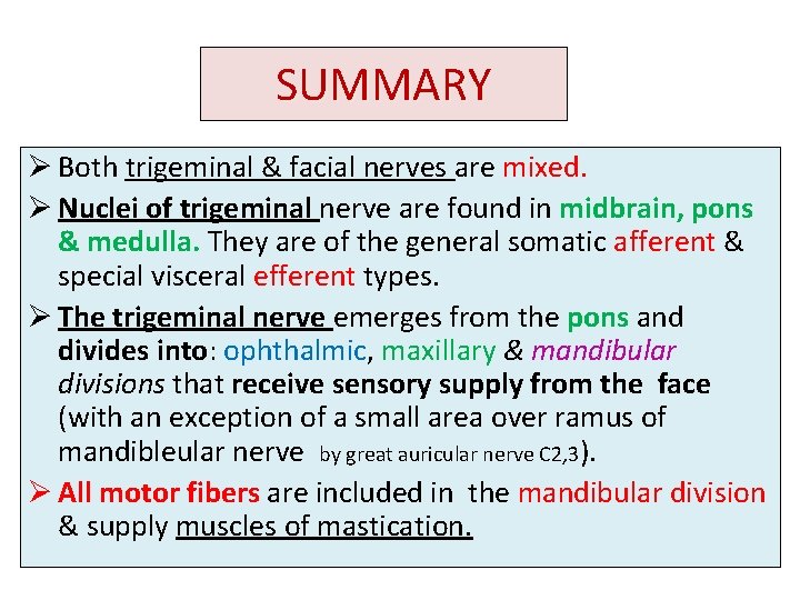 SUMMARY Ø Both trigeminal & facial nerves are mixed. Ø Nuclei of trigeminal nerve