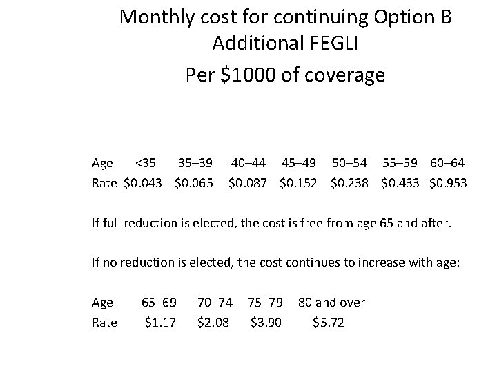 Monthly cost for continuing Option B Additional FEGLI Per $1000 of coverage Age <35 Monthly cost for continuing Option B Additional FEGLI Per $1000 of coverage Age <35