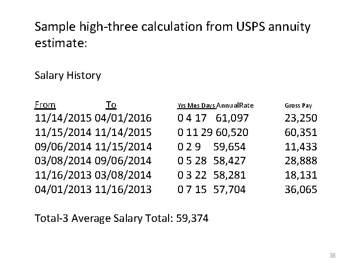 Sample high-three calculation from USPS annuity estimate: Salary History From To 11/14/2015 04/01/2016 11/15/2014 Sample high-three calculation from USPS annuity estimate: Salary History From To 11/14/2015 04/01/2016 11/15/2014
