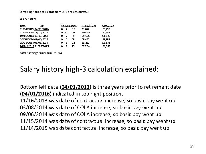 Sample high-three calculation from USPS annuity estimate: Salary History From To 11/14/2015 04/01/2016 11/15/2014