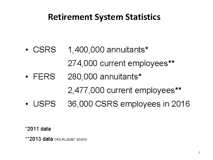 Retirement System Statistics • CSRS 1, 400, 000 annuitants* 274, 000 current employees** •