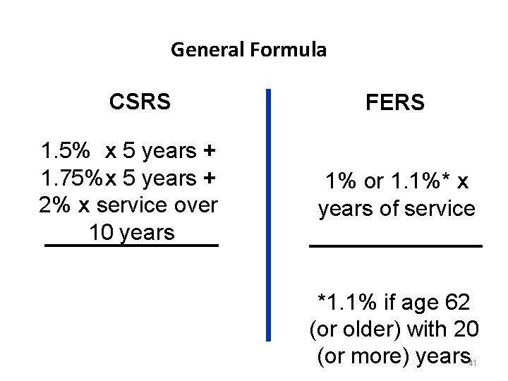 General Formula CSRS 1. 5% x 5 years + 1. 75%x 5 years +