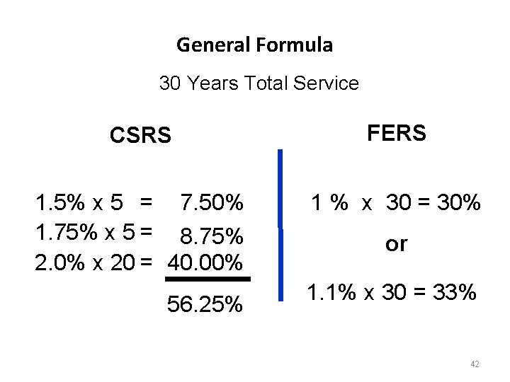 General Formula 30 Years Total Service CSRS FERS 1. 5% x 5 = 7.