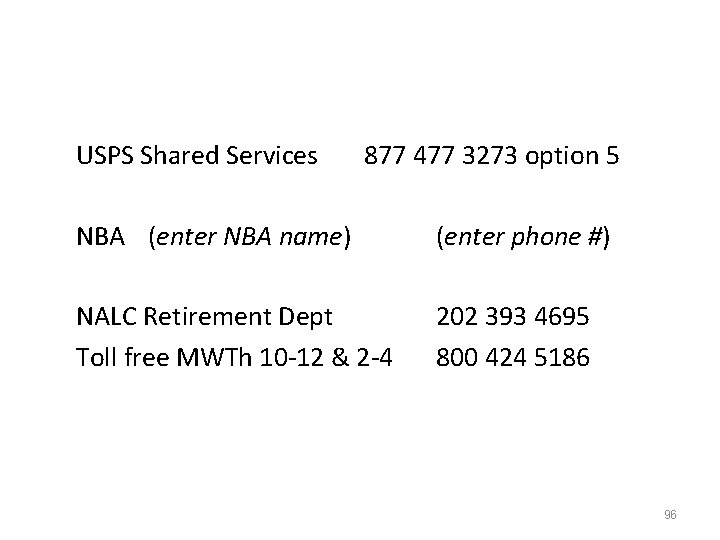USPS Shared Services 877 477 3273 option 5 NBA (enter NBA name) (enter phone