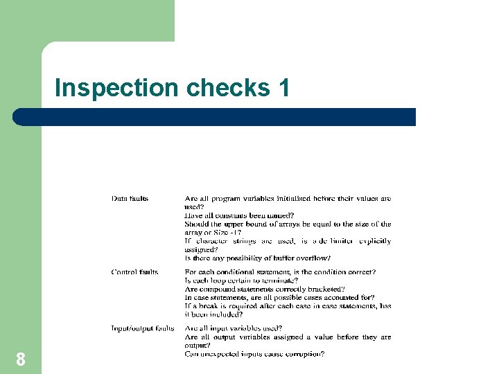 Inspection checks 1 8 