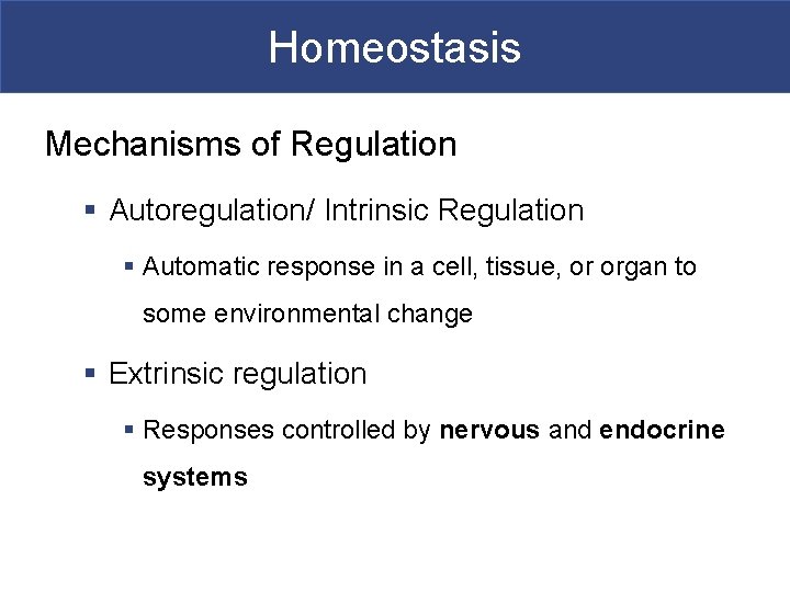 Homeostasis Mechanisms of Regulation § Autoregulation/ Intrinsic Regulation § Automatic response in a cell,