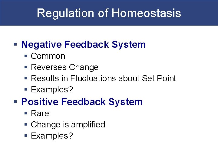 Regulation of Homeostasis § Negative Feedback System § § Common Reverses Change Results in