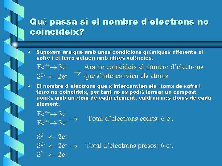 Què passa si el nombre d’electrons no coincideix? • Suposem ara que amb unes