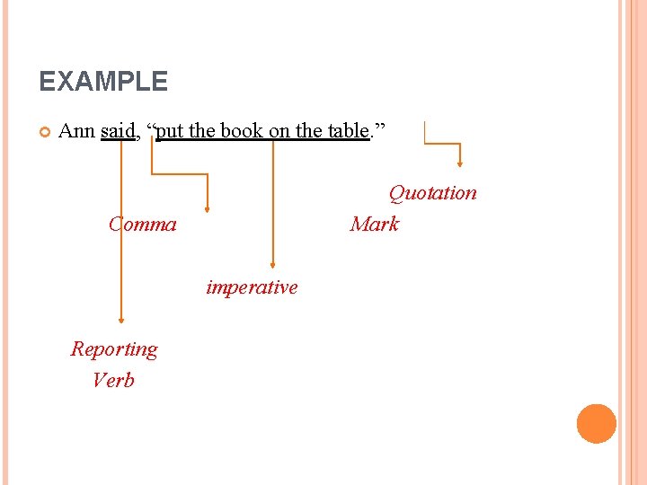 EXAMPLE Ann said, “put the book on the table. ” Quotation Mark Comma imperative