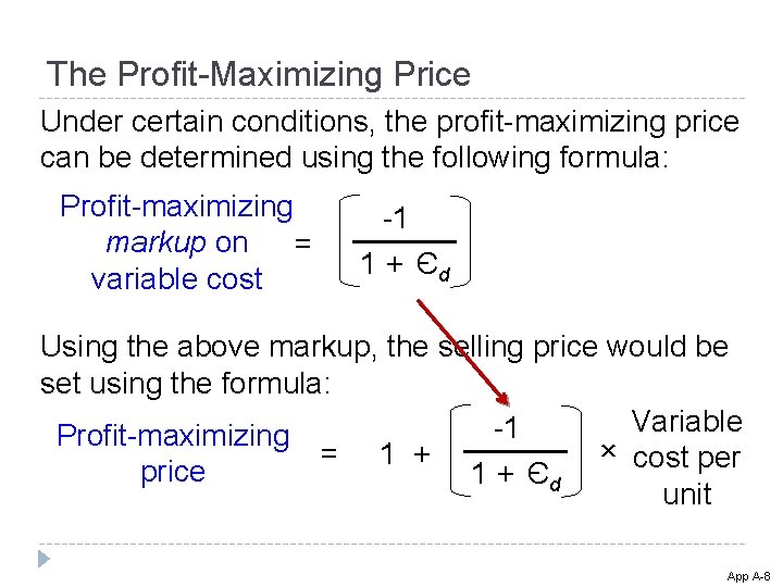 The Profit-Maximizing Price Under certain conditions, the profit-maximizing price can be determined using the The Profit-Maximizing Price Under certain conditions, the profit-maximizing price can be determined using the