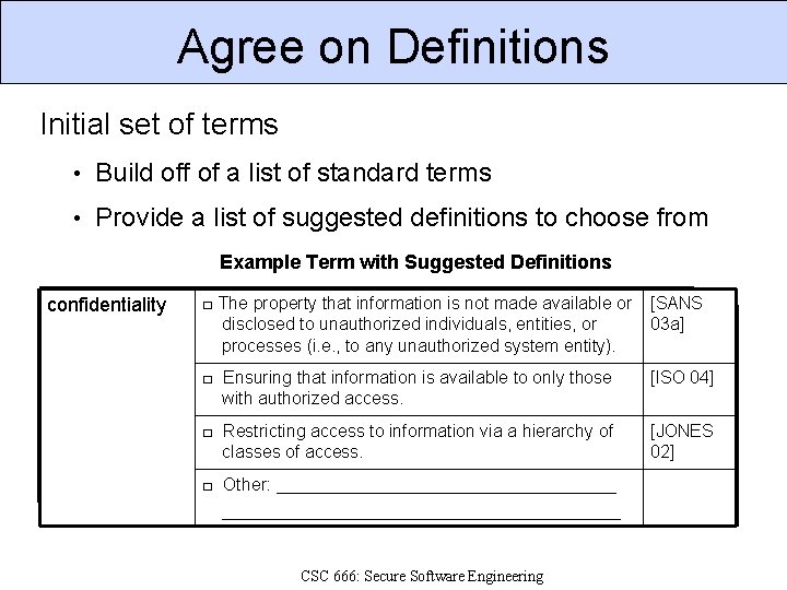 Agree on Definitions Initial set of terms • Build off of a list of