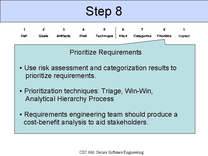 Step 8 Prioritize Requirements • Use risk assessment and categorization results to prioritize requirements.