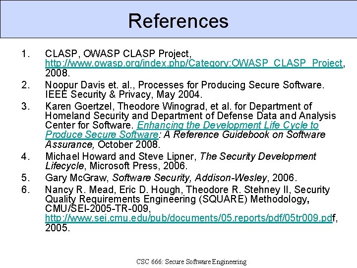 References 1. 2. 3. 4. 5. 6. CLASP, OWASP CLASP Project, http: //www. owasp.