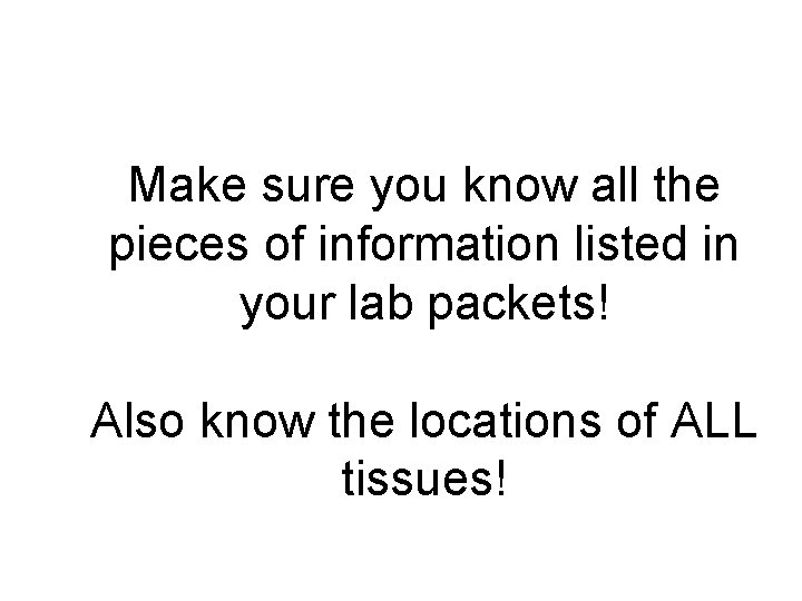 Make sure you know all the pieces of information listed in your lab packets!