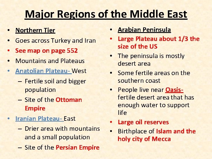 Major Regions of the Middle East Northern Tier Goes across Turkey and Iran See