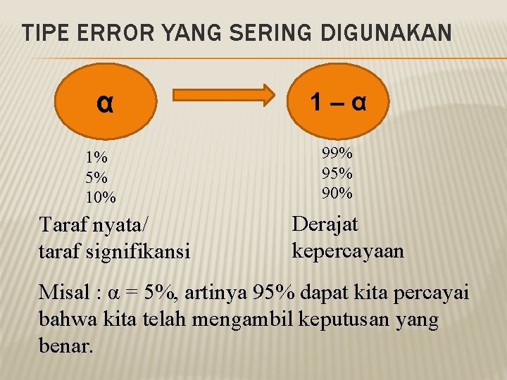 TIPE ERROR YANG SERING DIGUNAKAN α 1–α 1% 5% 10% 99% 95% 90% Taraf