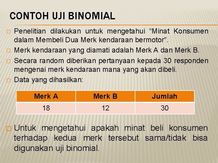 CONTOH UJI BINOMIAL � � � Penelitian dilakukan untuk mengetahui “Minat Konsumen dalam Membeli