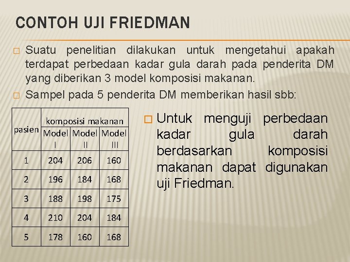 CONTOH UJI FRIEDMAN � � Suatu penelitian dilakukan untuk mengetahui apakah terdapat perbedaan kadar