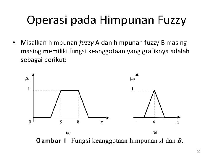 Operasi pada Himpunan Fuzzy • Misalkan himpunan fuzzy A dan himpunan fuzzy B masing