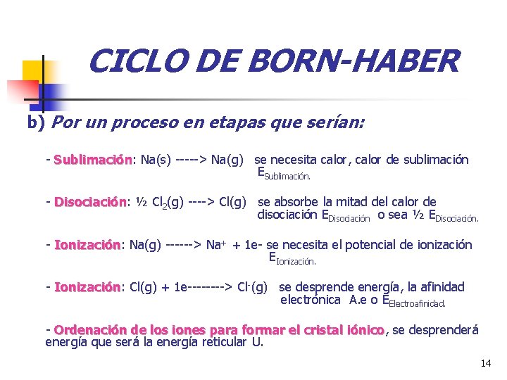 CICLO DE BORN-HABER b) Por un proceso en etapas que serían: - Sublimación: Na(s)