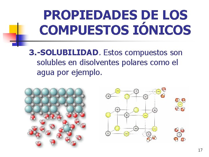 PROPIEDADES DE LOS COMPUESTOS IÓNICOS 3. -SOLUBILIDAD. Estos compuestos son solubles en disolventes polares