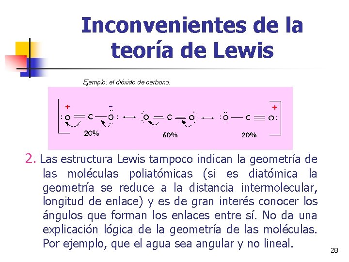 Inconvenientes de la teoría de Lewis Ejemplo: el dióxido de carbono. 2. Las estructura