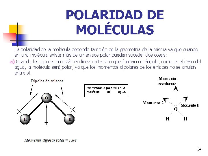 POLARIDAD DE MOLÉCULAS La polaridad de la molécula depende también de la geometría de