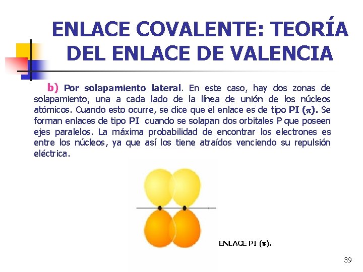 ENLACE COVALENTE: TEORÍA DEL ENLACE DE VALENCIA b) Por solapamiento lateral. En este caso,