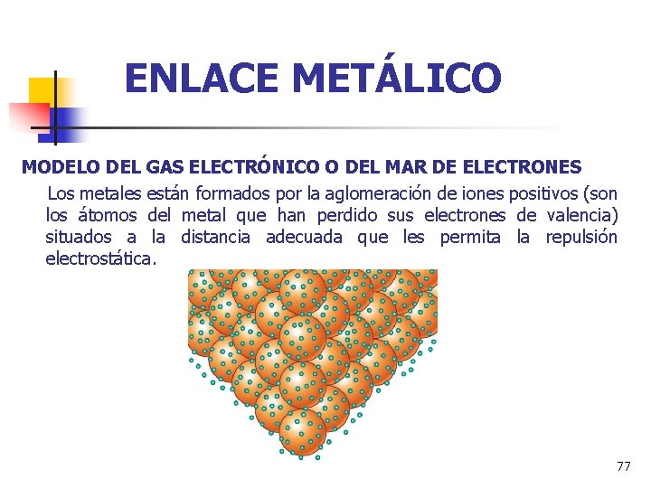 ENLACE METÁLICO MODELO DEL GAS ELECTRÓNICO O DEL MAR DE ELECTRONES Los metales están