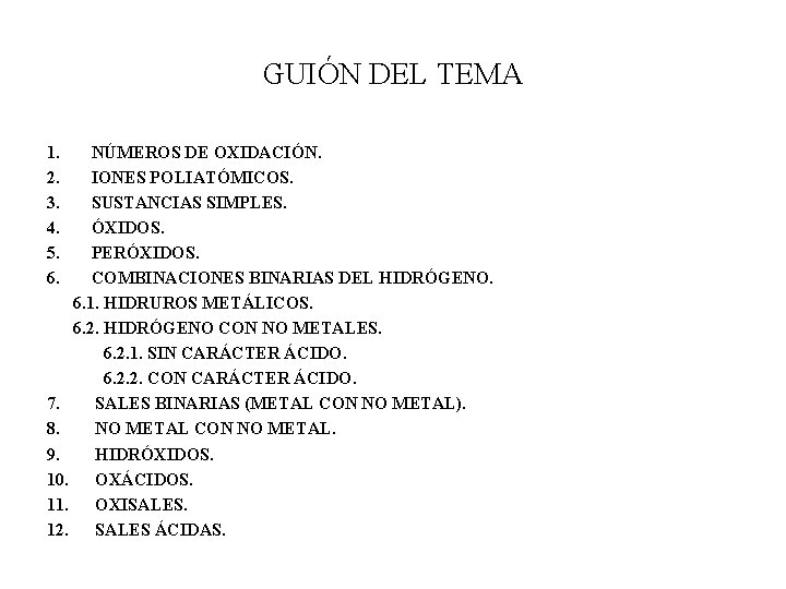GUIÓN DEL TEMA 1. 2. 3. 4. 5. 6. NÚMEROS DE OXIDACIÓN. IONES POLIATÓMICOS.