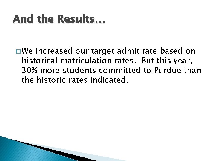 And the Results… � We increased our target admit rate based on historical matriculation