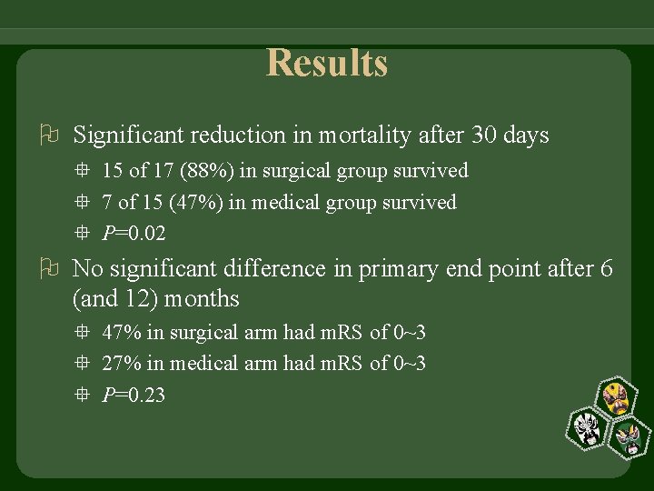 Results Significant reduction in mortality after 30 days 15 of 17 (88%) in surgical
