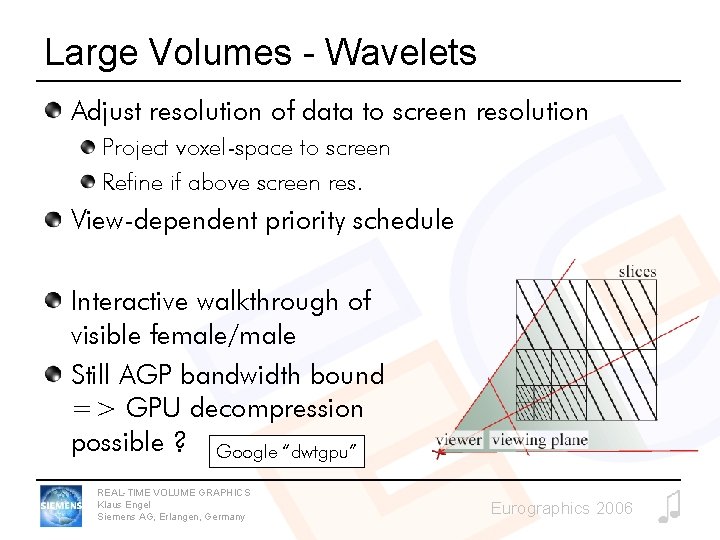 Large Volumes - Wavelets Adjust resolution of data to screen resolution Project voxel-space to