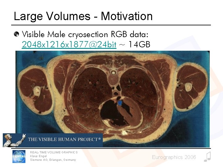 Large Volumes - Motivation Visible Male cryosection RGB data: 2048 x 1216 x 1877@24