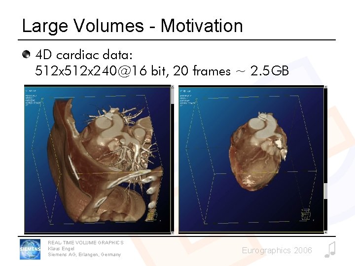 Large Volumes - Motivation 4 D cardiac data: 512 x 240@16 bit, 20 frames
