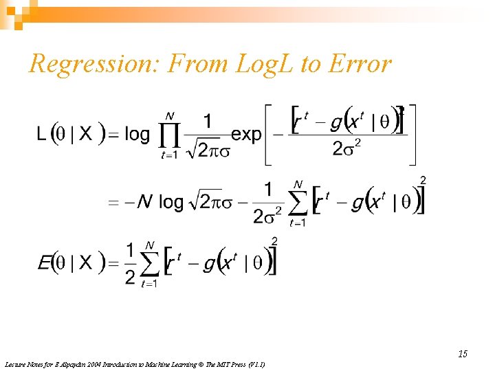 Regression: From Log. L to Error 15 Lecture Notes for E Alpaydın 2004 Introduction
