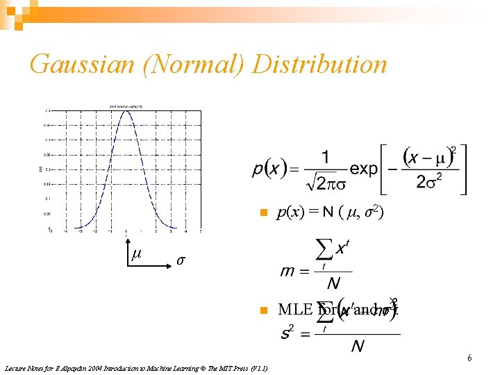 Gaussian (Normal) Distribution μ n p(x) = N ( μ, σ2) n MLE for